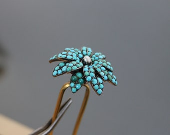 Victorian Turquoise Pave, Pearl, 800 Silver Hair Comb. Antique Hair Fork.