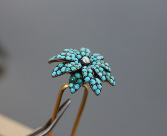 Victorian Turquoise Pave, Pearl, 800 Silver Hair … - image 1