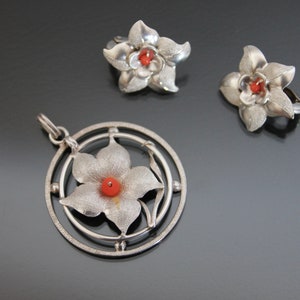 Austrian Art Deco 900 Silver, Coral Set, Pendant And Clip-On Earrings. Vintage Floral.