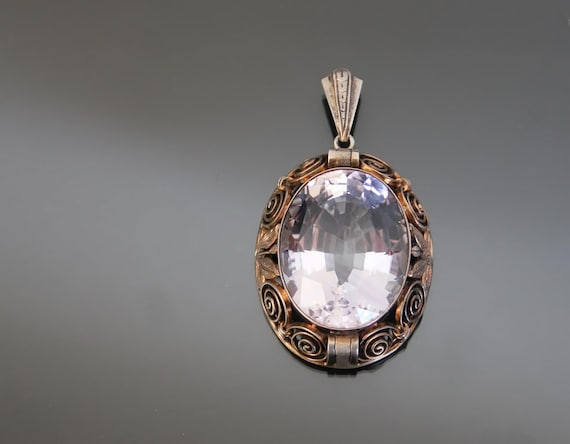 Art Deco BIG Purple Stone Pendant. Silver 835 Vintage Geometric Necklace.