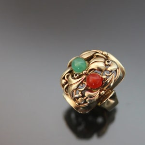 Big Art Deco Floral Jade Carnelian "Fruit Salad" Ring. 835 Silver. Size 6 Gemüsering Antiker Openwork image 2