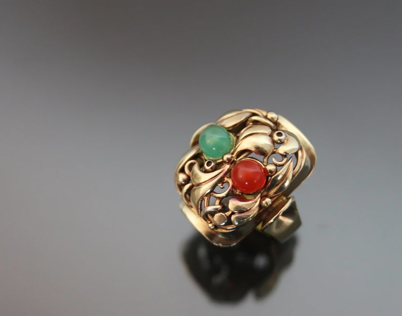 Big Art Deco Floral Jade Carnelian "Fruit Salad" Ring. 835 Silver. Size 6 Gemüsering Antiker Openwork image 2