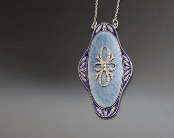 Edwardian Guilloche Enamel, 925 Sterling Silver.  Antique Necklace.