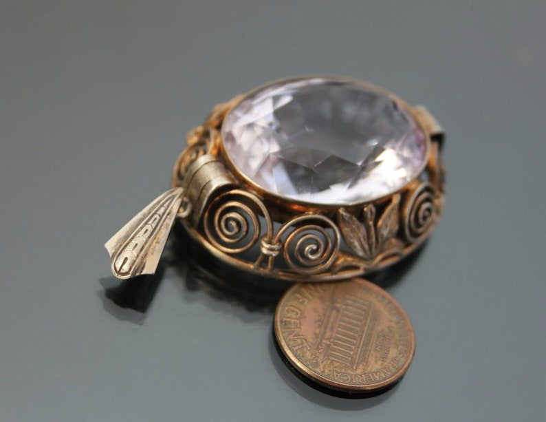Art Deco BIG Purple Stone Pendant. Silver 835 Vintage Geometric Necklace. image 5