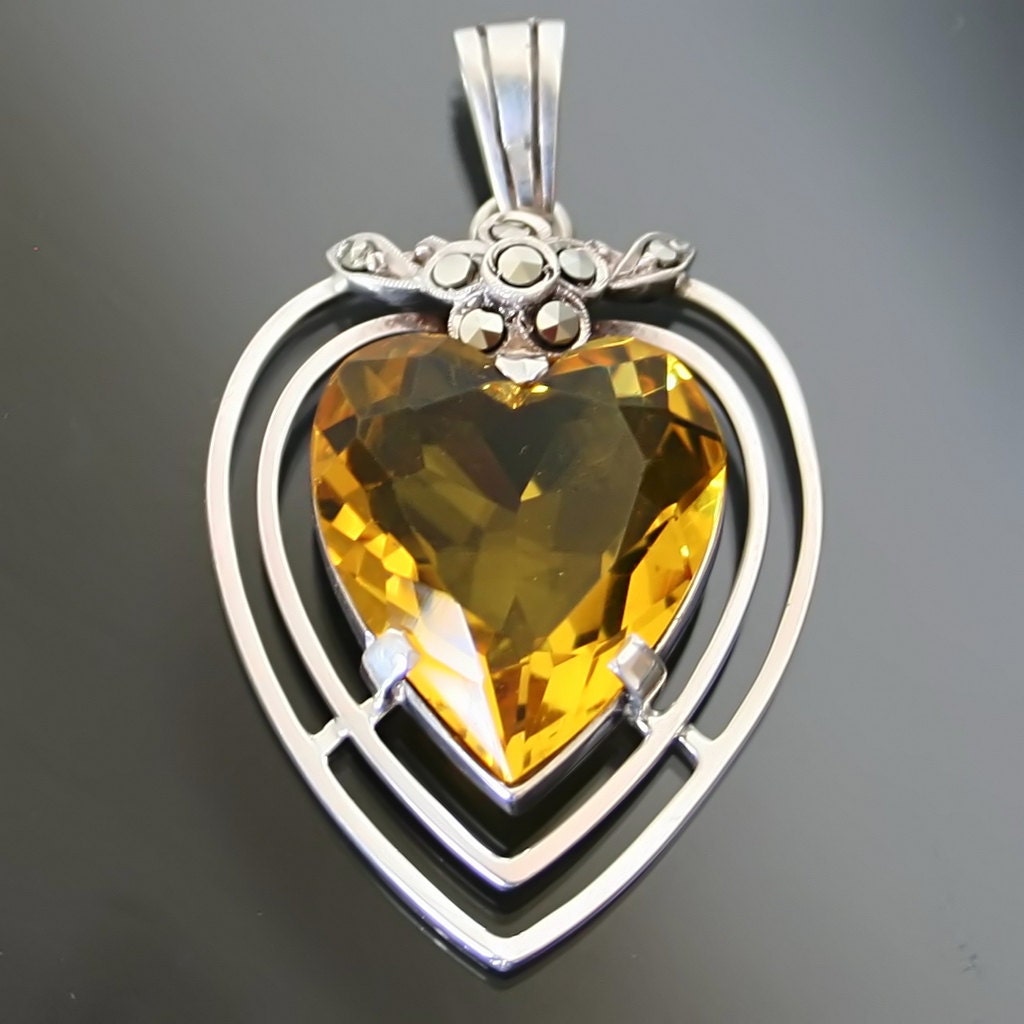 1930's Art Deco Big Heart Pendant. 935 Silver. Citrine | Etsy