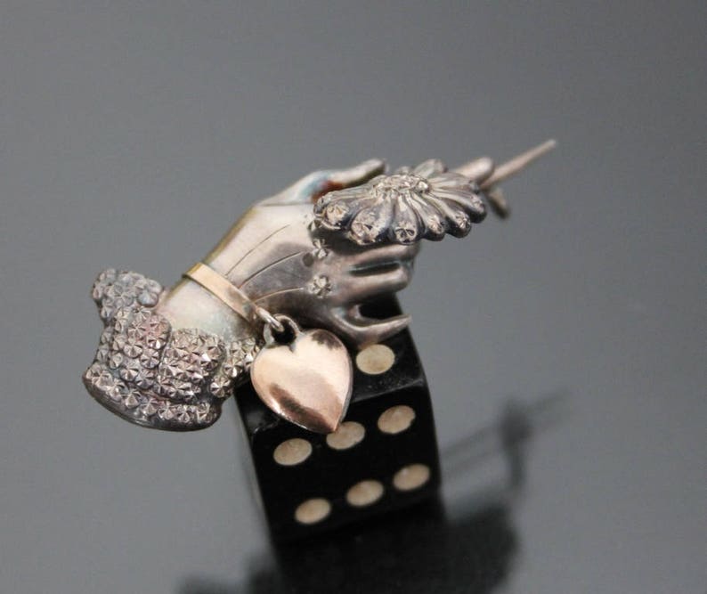 Embossed Hammered Aesthetic Antique Victorian Hand With Flower Articulated Brooch Sterling Silver 925 Repousse