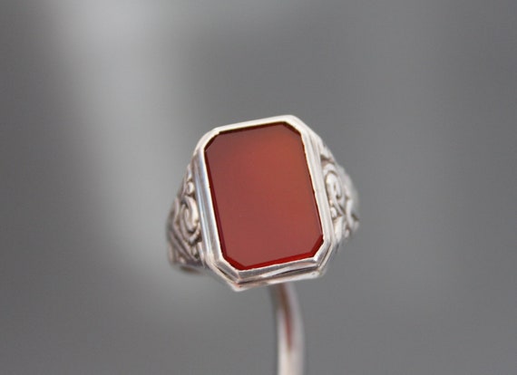 Art Deco Mens Signet Ring. Carnelian Agate, Silve… - image 2