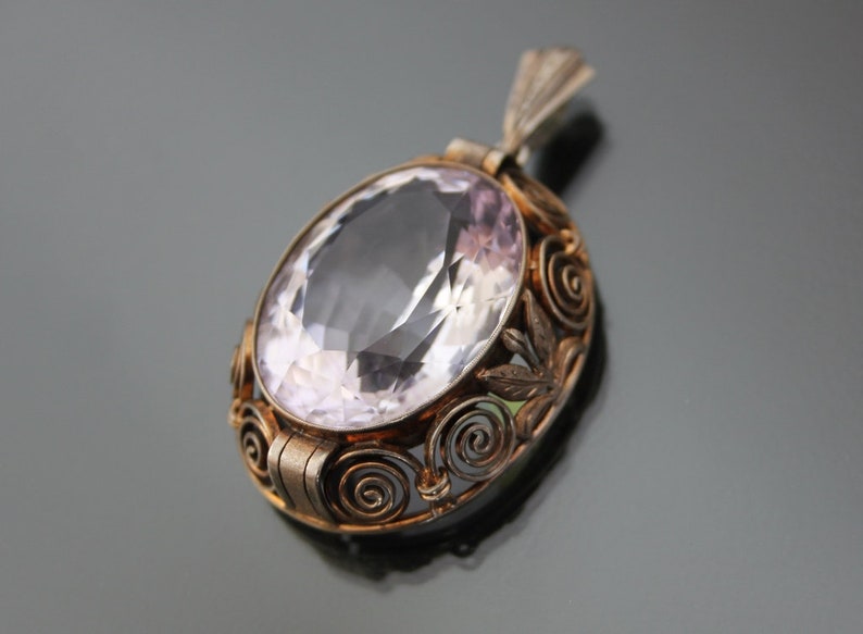 Art Deco BIG Purple Stone Pendant. Silver 835 Vintage Geometric Necklace. image 7