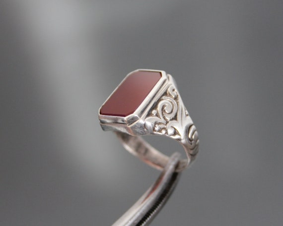 Art Deco Mens Signet Ring. Carnelian Agate, Silve… - image 3