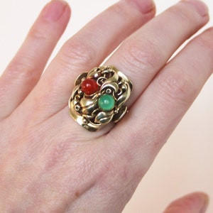 Big Art Deco Floral Jade Carnelian "Fruit Salad" Ring. 835 Silver. Size 6 Gemüsering Antiker Openwork image 9