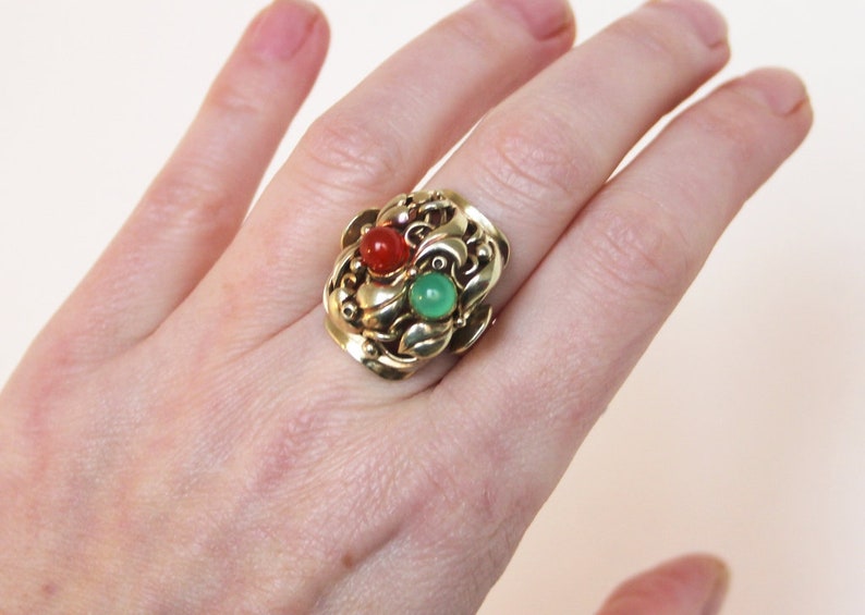 Big Art Deco Floral Jade Carnelian "Fruit Salad" Ring. 835 Silver. Size 6 Gemüsering Antiker Openwork image 9