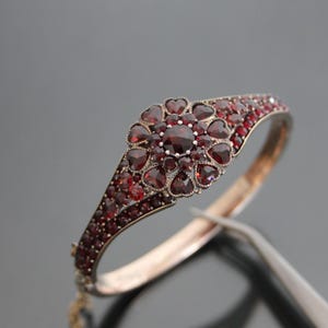 Antique Bohemian Garnet Victorian Bangle Hinged Bracelet. Heart Decor.  Rose Cut.