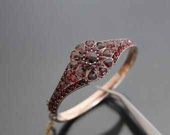 Antiker Boho Granat Viktorianischer Armreif Klapp Armband. Herz Decor.  Rosenschliff.