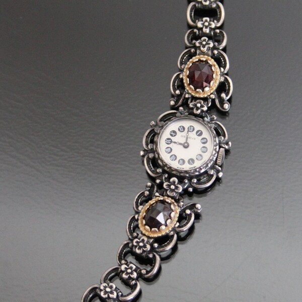 GENEVE Swiss, Boho Granat, Floral Silber 835. Vintage Mechanische Armbanduhr