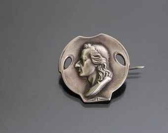 Retrato de Friedrich Schiller 1905 Broche de aniversario Jugendstil Art Nouveau. Plata 800.