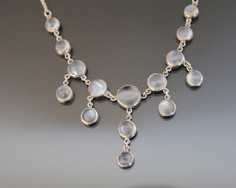 Vintage Ceylon Moonstone Festoon Necklace. 925 Sterling Silver Open Back, Bezel Set.