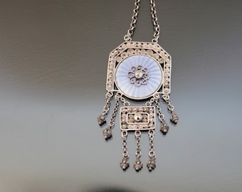 Edwardian Guilloche Enamel, Marcasite, Filigree 800 Silver. Art Nouveau Antique Necklace.