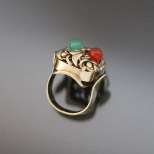 Big Art Deco Floral Jade Carnelian "Fruit Salad" Ring. 835 Silver. Size 6 Gemüsering Antiker Openwork image 5