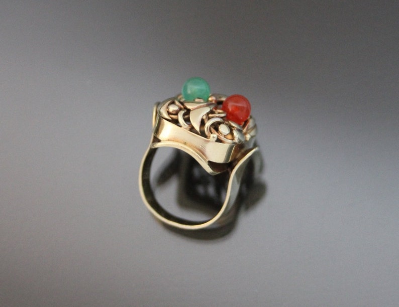 Big Art Deco Floral Jade Carnelian "Fruit Salad" Ring. 835 Silver. Size 6 Gemüsering Antiker Openwork image 5