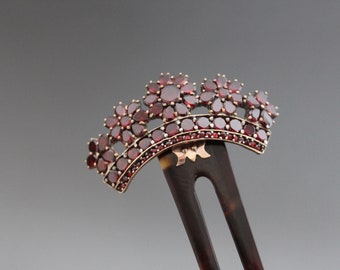 Victorian Hair Comb Tiara. Bohemian Garnet Daisies. Antique Hair Fork. Something Old