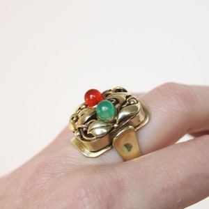 Big Art Deco Floral Jade Carnelian "Fruit Salad" Ring. 835 Silver. Size 6 Gemüsering Antiker Openwork image 10
