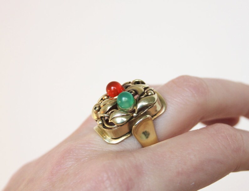 Big Art Deco Floral Jade Carnelian "Fruit Salad" Ring. 835 Silver. Size 6 Gemüsering Antiker Openwork image 10