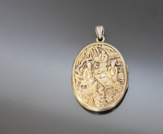 Victorian Chinoiserie 900 Silver Locket Pendant. A