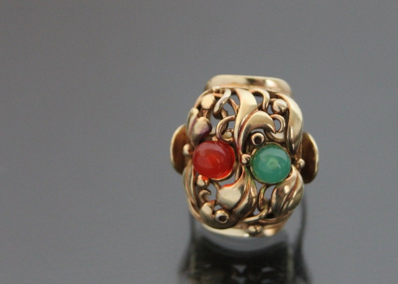Big Art Deco Floral Jade Carnelian "Fruit Salad" Ring. 835 Silver. Size 6 Gemüsering Antiker Openwork image 3
