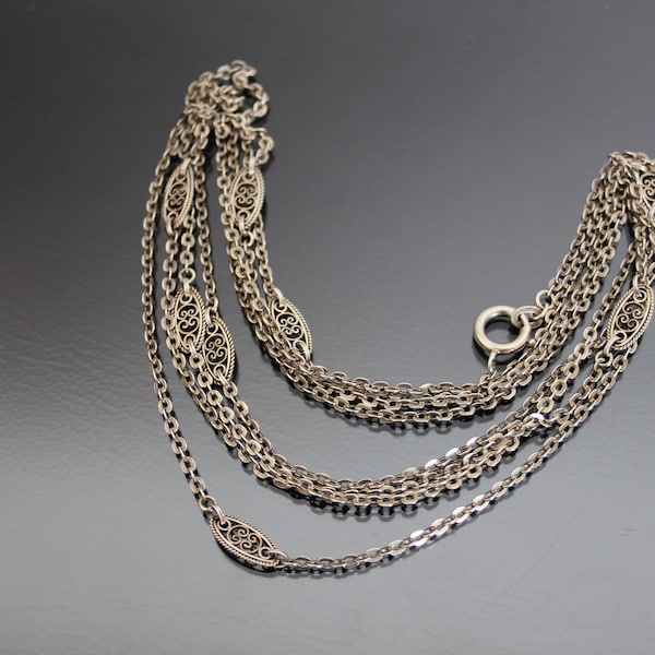THEODOR W. HERBSTRITH 63 » Edwardian Sautoir Filigree Gilded Silver 800 Panel Link Chain Necklace. Durée de l’opéra