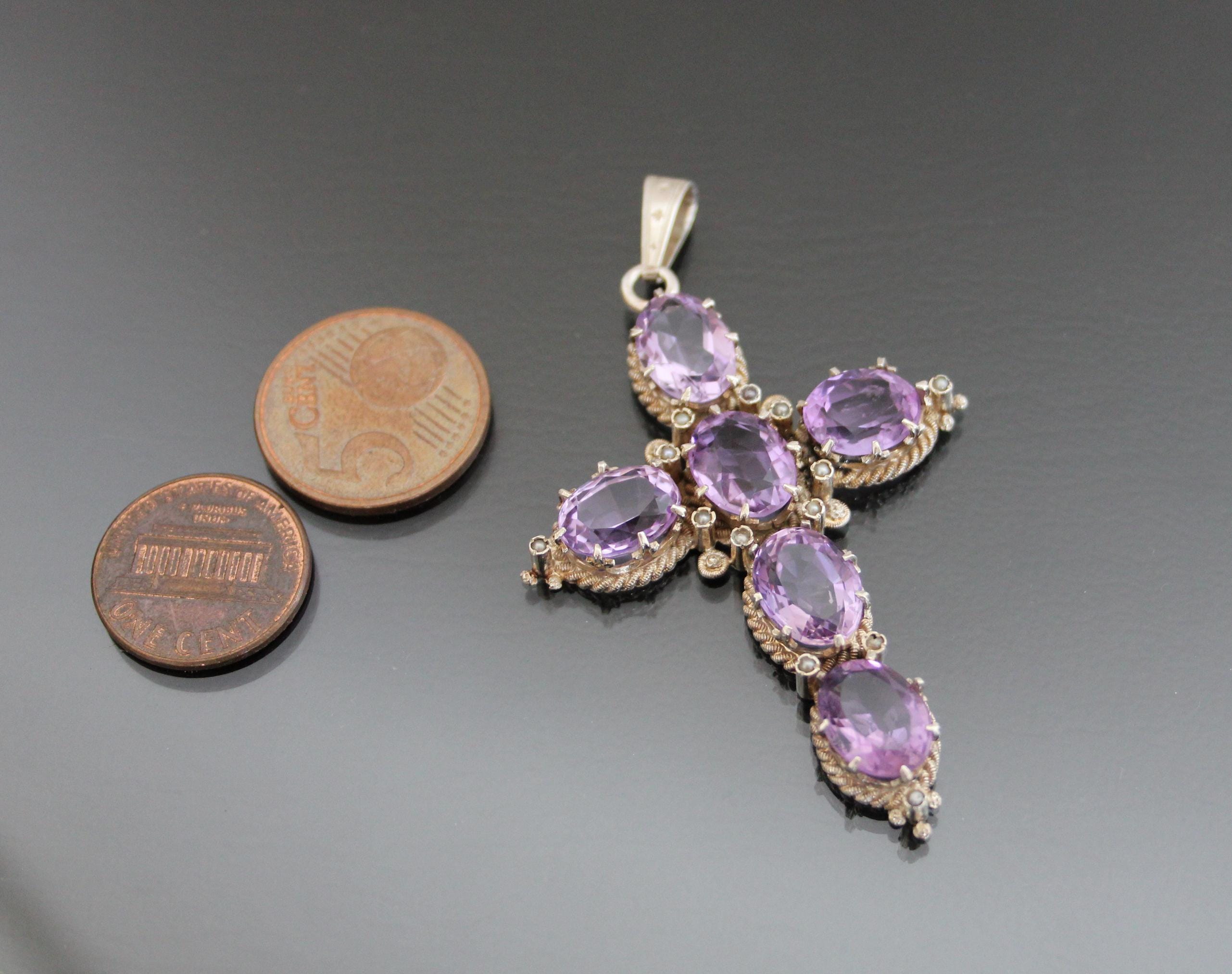 CARL Amethyst Openback 800 Silver, Seed Pearls Crucifix - Main Image