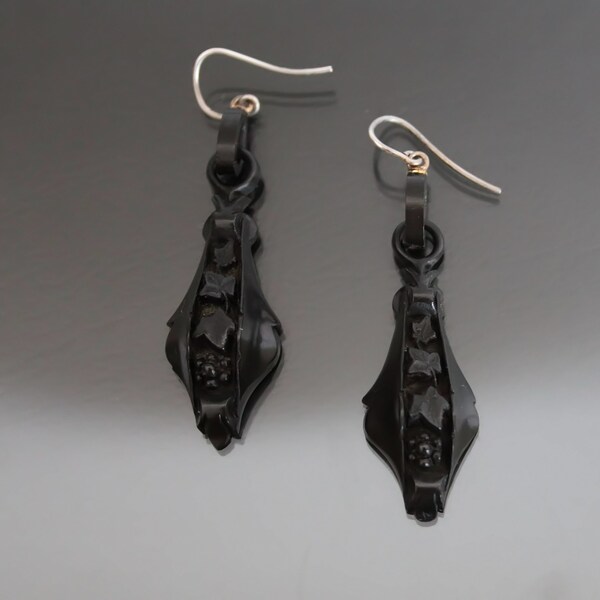 Victorian Carved Gutta Percha Dangle Hedera Earrings. Silver Wires. Mourning.