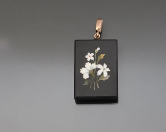 Victorian Pietra Dura 14k Rose Gold Hand Carved Stone Locket. Antique Mosaic Photo Pendant