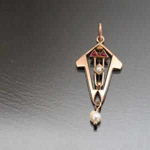 Jugendstil Faux Ruby, Pearls, Rose Gold Gilt Pendant, Geometric. Antique Art Nouveau Jewelry