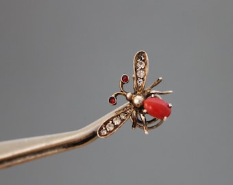 Victorian Hair Spring Clip, Fly, Coral, Paste, 800 Silver. Antique.