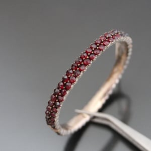 Antique Bohemian Garnet Bangle Hinged Bracelet. Victorian Pave Rose Cut Garnets.