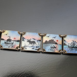 ELVIK & C.o. Guilloche Miniature Landscape Painting, Aurora Borealis, Vintage Norway Enamel. Sterling 925 Silver.