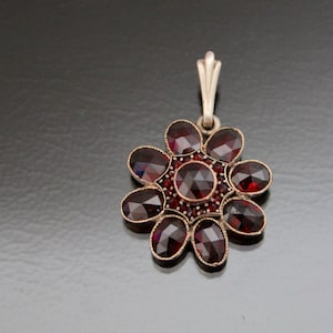 Victorian Bohemian Garnet Daisy Pendant. Rose Cut. Antique Red Stones.