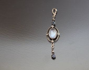 Edwardian Negligee Pendant. Moonstone, Sapphire, Open Back Bezel Set. Antique 800 Silver.