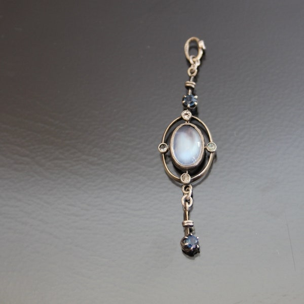 Edwardian Negligee Pendant. Moonstone, Sapphire, Open Back Bezel Set. Antique 800 Silver.