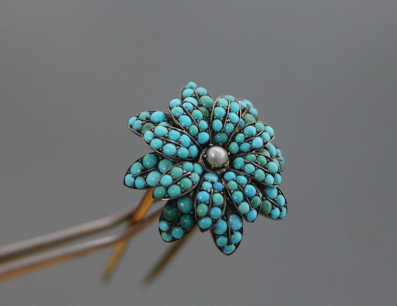 Victorian Turquoise Pave, Pearl, 800 Silver Hair … - image 2