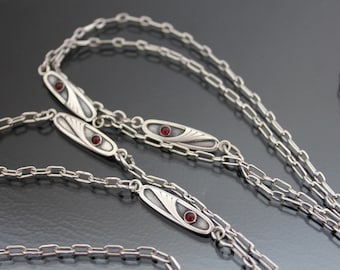 Jugendstil 59"  Silver 900 Garnet Necklace. Watch Chain. Guard, Muff, Antique Opera Length, Art Nouveau Sautoir