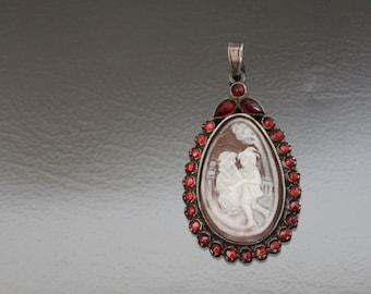 Edwardian Cameo Paar Boho Granaat 800 Zilveren Hanger. Roos Gesneden. Antiek.