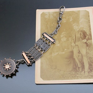 With Photo Of The First Owner!  Victorian Rose Gold Plate Locket. 800 Silver Pendant. Chatelaine Watch Chain