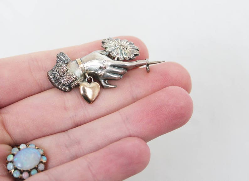 Embossed Hammered Aesthetic Antique Victorian Hand With Flower Articulated Brooch Sterling Silver 925 Repousse