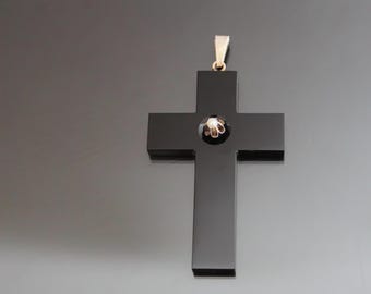 Victorian Onyx Silver Pearl Cross. Carved Stone Antique Mourning Pendant Whitby Jet