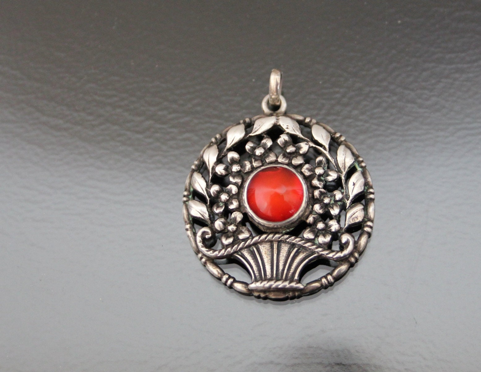 Jugendstil. Floral Carnelian Agate Pendant. Silver 800. Repousse. Antique Art Nouveau Flowers Basket