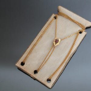 NEW OLD STOCK Faux Ruby, Gold Plated Slide Watch Chain Necklace. Antique Art Nouveau Jewelry