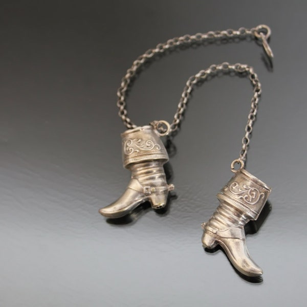 Victorian Mens Soldier Calvary Boots Pendants. 900 Silver. Antique Shoes, Needle Holders.