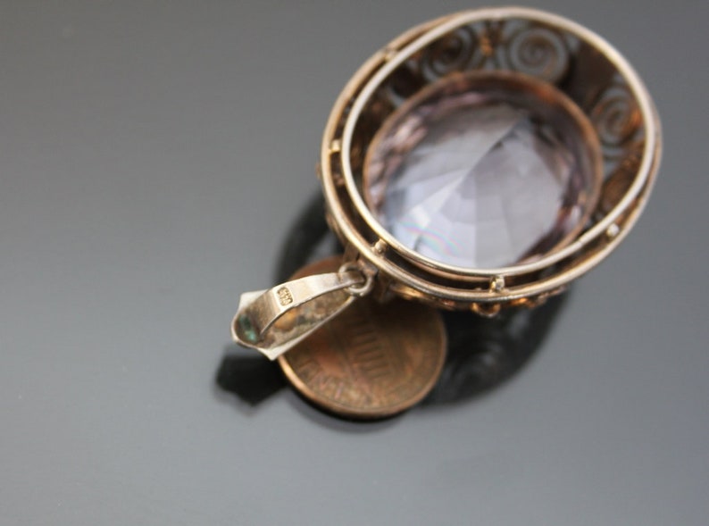 Art Deco BIG Purple Stone Pendant. Silver 835 Vintage Geometric Necklace. image 3
