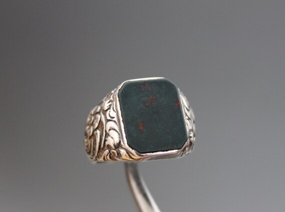 Art Deco Mens Signet Ring. Bloodstone Silver 835,… - image 2